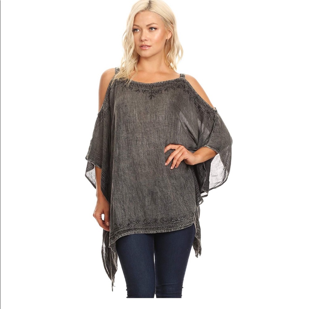Stonewashed Cold Shoulder Embroidered Blouse Loose